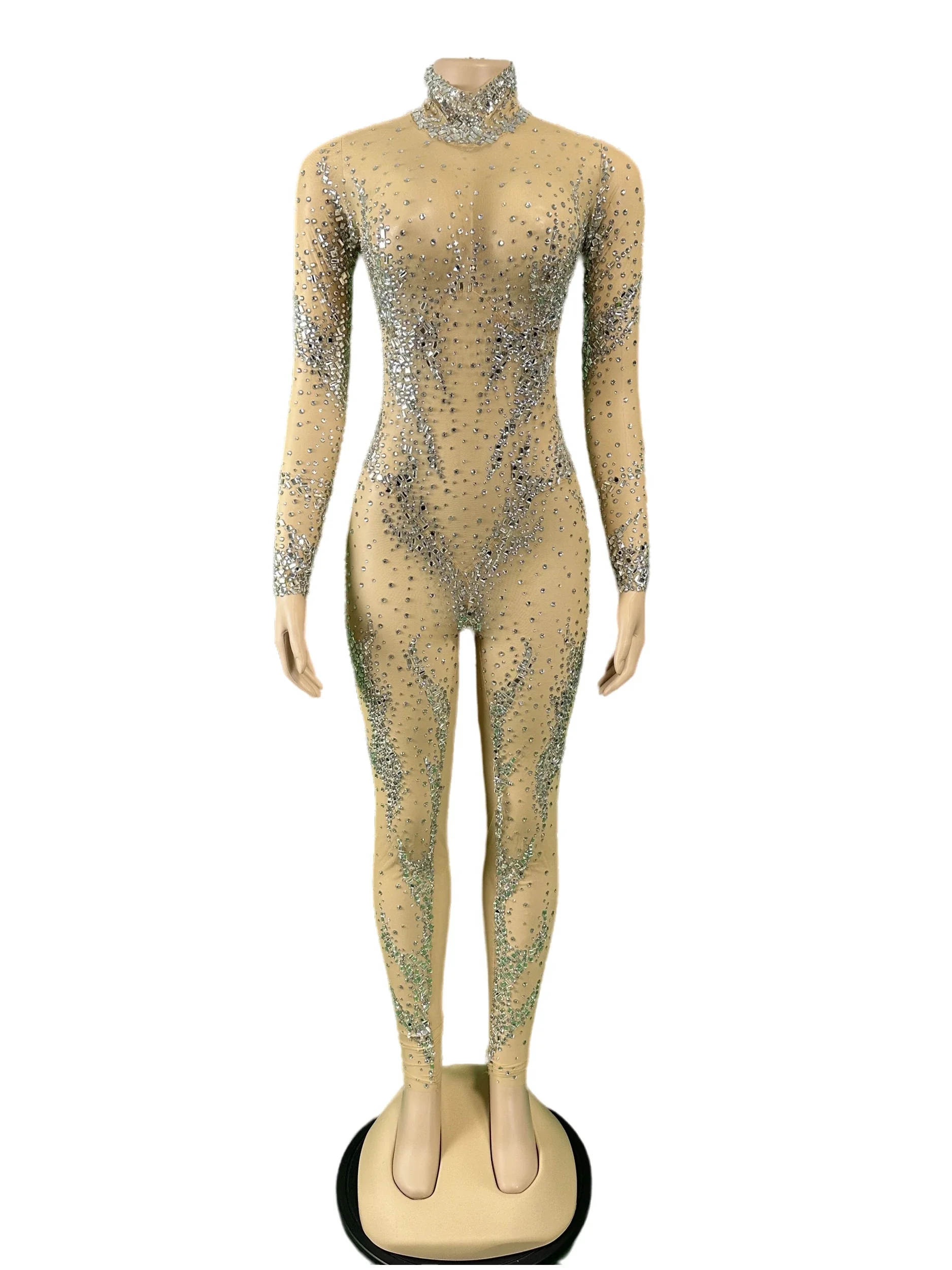 

Women Men Sparkly Rhinestone Jumpsuits Mesh Stage Wear Birthday Queen Outfit Performance Costume