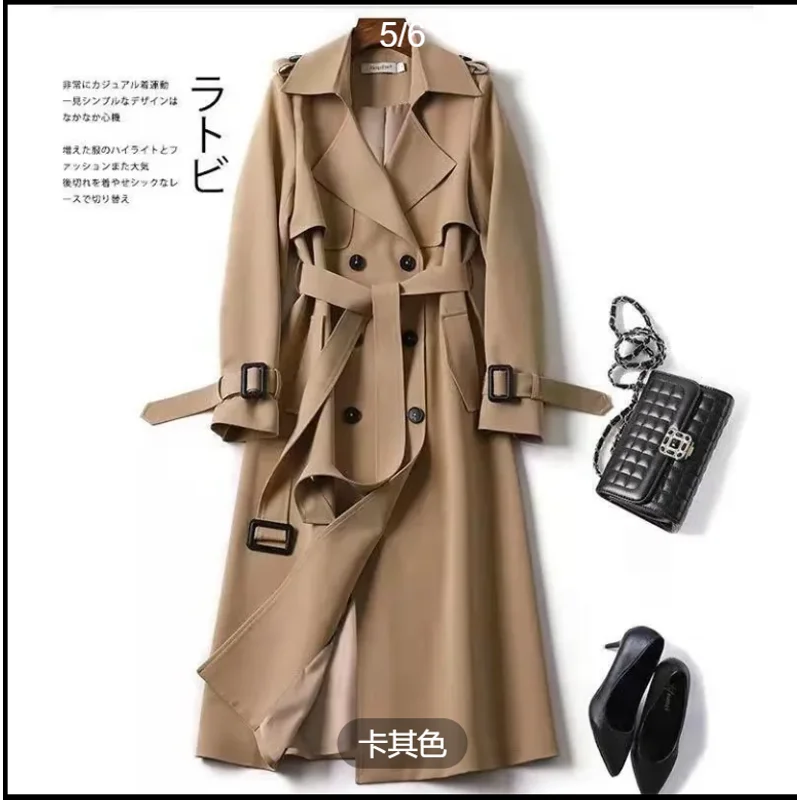

Women's Long Trench Coat Full Sleeve Turn-Down Collar Lace-Up Button Solid Splice Pockets Office Streetwear Jackets