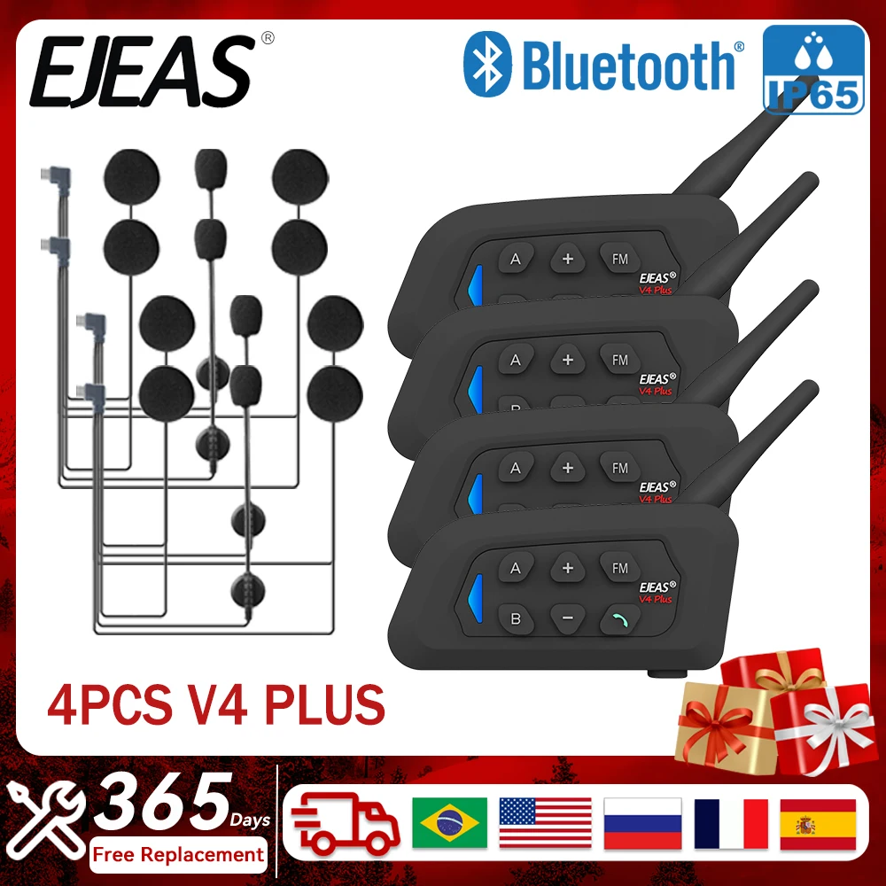 4PCS EJEAS 4 Riders Motorcycles Helmet Intercom Headset Full Duplex Bluetooth Communicator Headphone 1500M Talk at the same time