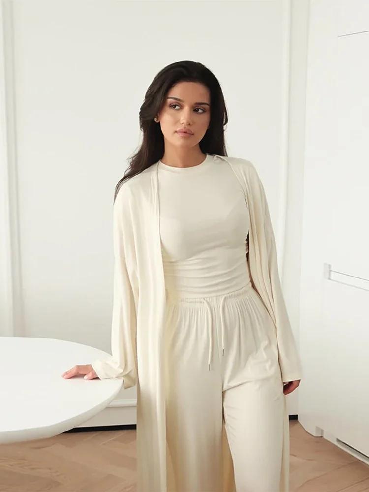 CPSYMYM 캐주얼 셔츠 코트 바지 여성 세트 오-넥 티셔츠 바닥 길이 코트 와이드 레그 바지 여성 세트 여름 세련된 레이디 Sui