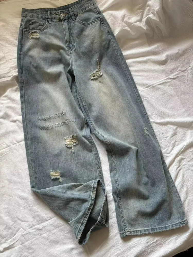 

Рваные джинсы женские в американском стиле ретро модные широкие потертые универсальные брюки летние свободные прямые с высокой талией пара