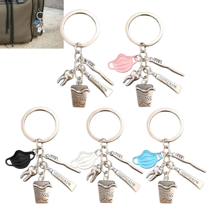 

Набор из 5 брелоков для ключей в виде зубов: зубная щетка, зубная паста, зубная нить. Металлический креативный медицинский брелок-держатель для ключей. Ювелирное украшение.