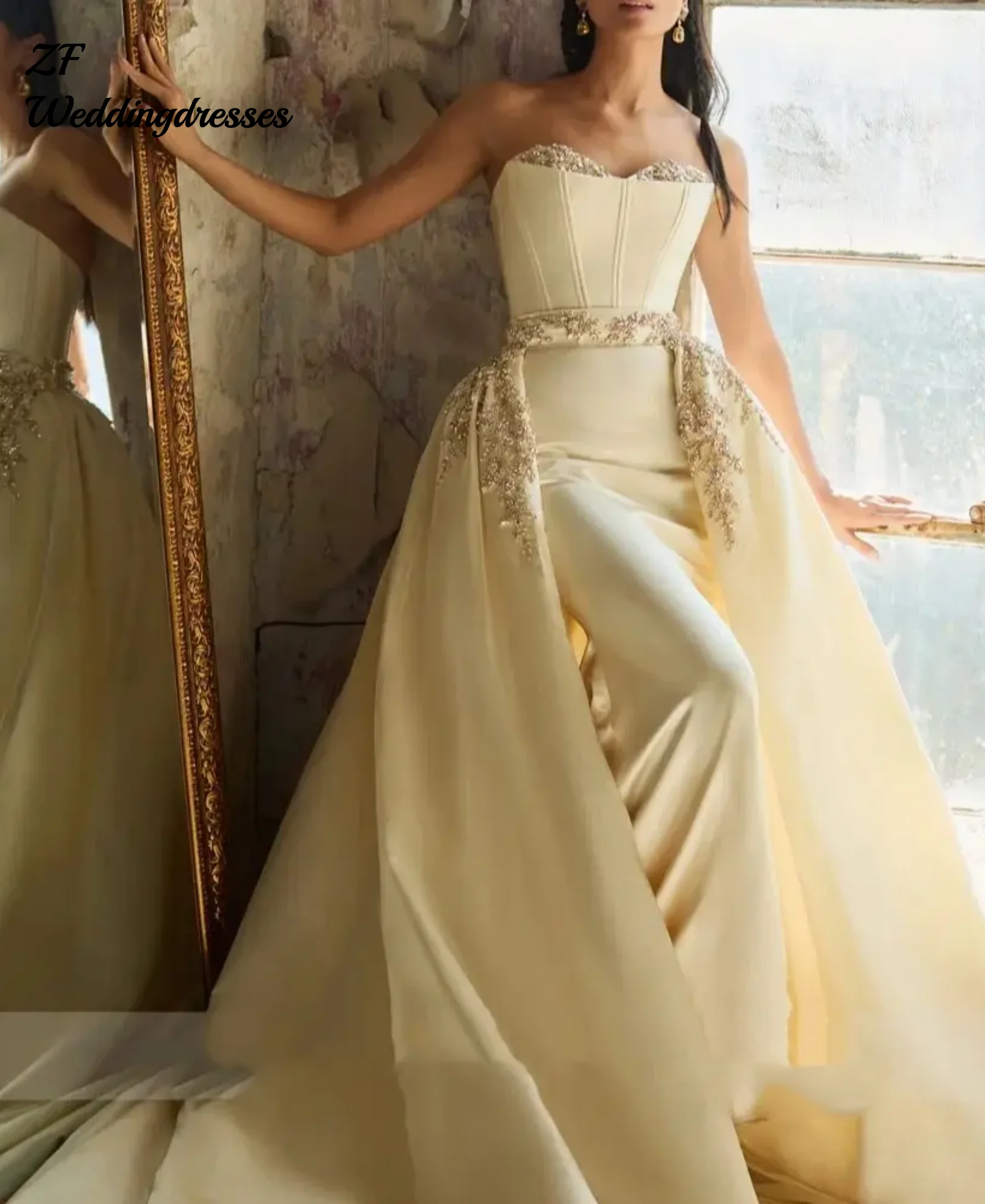 Maßgeschneiderte zarte Perlenstickerei Satin Meerjungfrau Brautkleider schulterfrei 2-in-1-Brautkleider mit abnehmbarem Vestido De