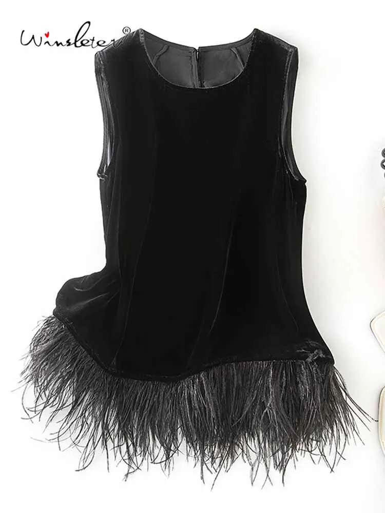 

Winsleter-Lining 100%Real Silk Elegant Velvet Vest, Woman Sleeveless Feather Patchwork, Retro Tank Top, 2025 Summer New T57534CC