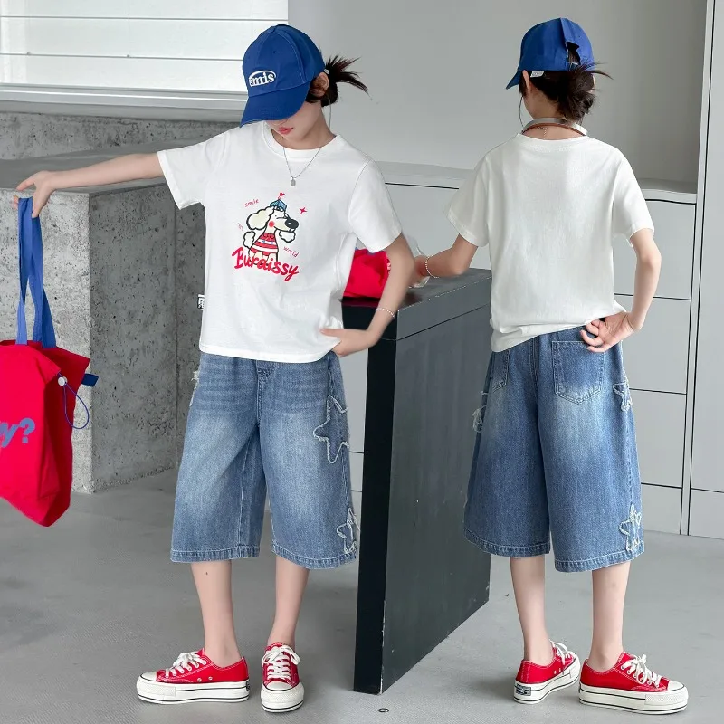 

Children Clothes Girl Summer Sweet Cute Cartoon Dog Print T Shirt and Star Wide Leg Jeans 2026 Casual Streetwear
