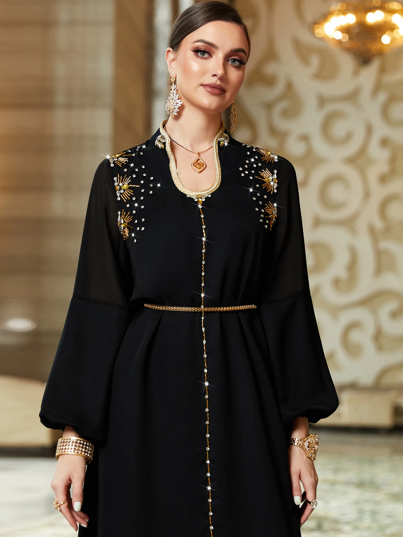 Autumn Muslim Party Dress for Women Abaya Ramadan Eid Diamond Jalabiya Elegant Long Dresses Woman Lace-up Vestidos Robe 2023