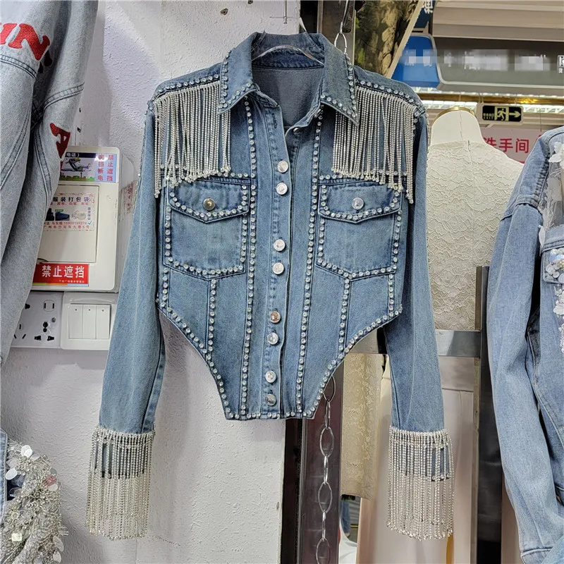 

Vintage Blue Heavy Work Diamonds Chain Irregular Denim Jacket Women Slim Short Cowboy Outerwear Big Pocket Jeans Jacket Female