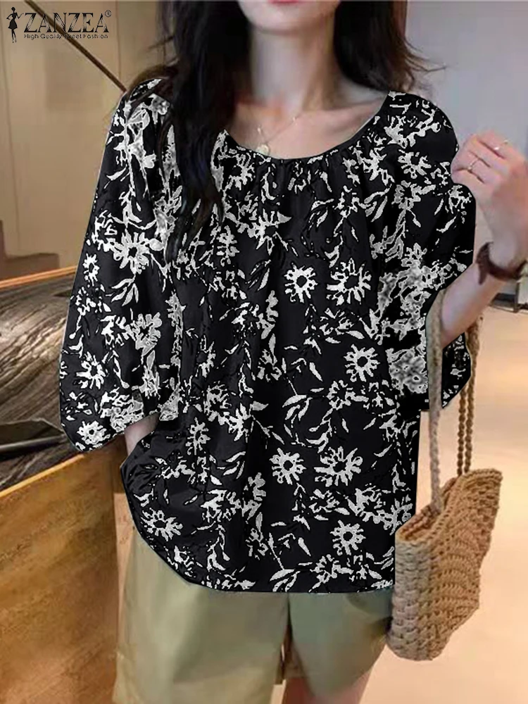 ZANZEA Bohemian 3/4 Sleeve Tops 2025 Fashion Floral Printed Blouse Women Summer Pleating Tunics Casual Loose U-neck Tunics Femme