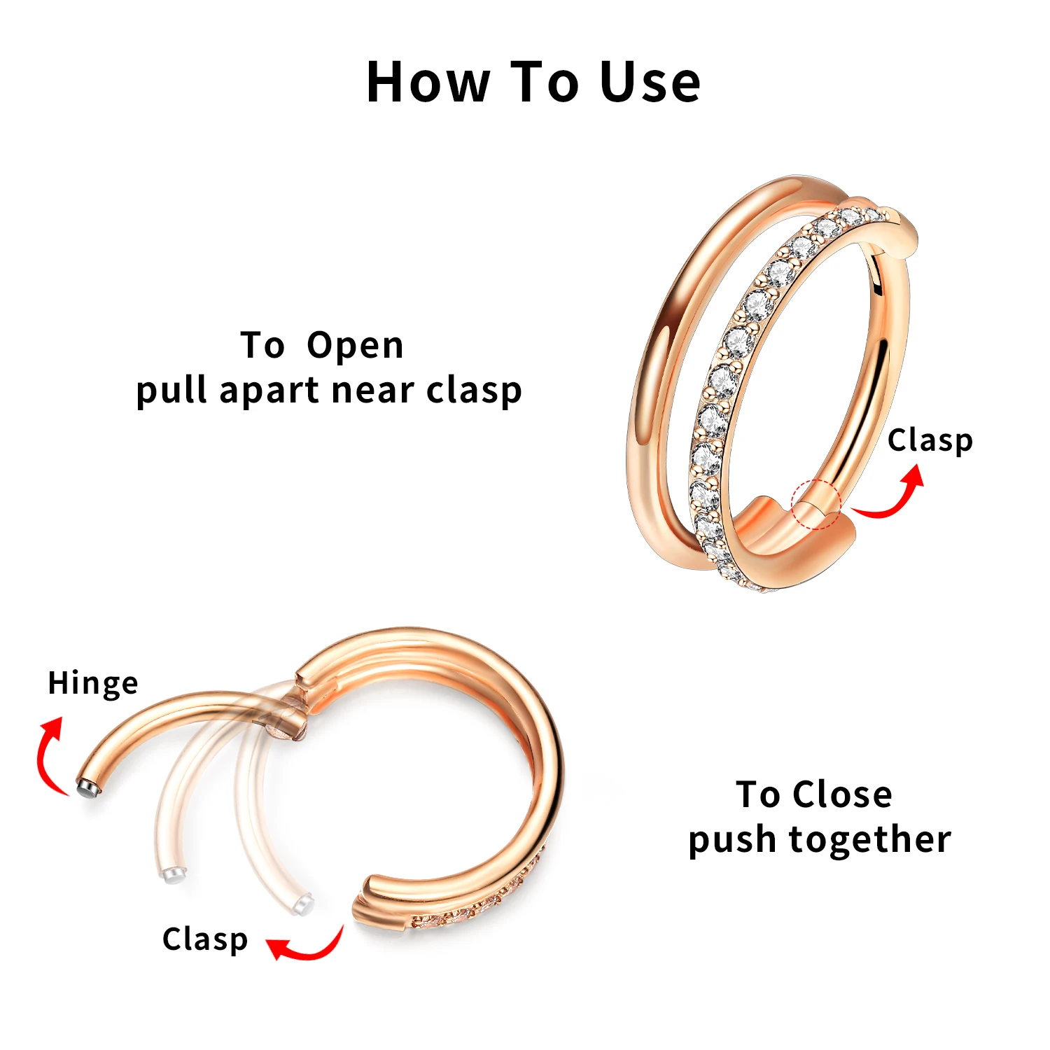 G23 16G Titanium CZ Row Conch Nose Ring Cartilage Hoop Daith Tragus Helix Lobe Earring Hinged Segment Clicker Piercing Jewelry