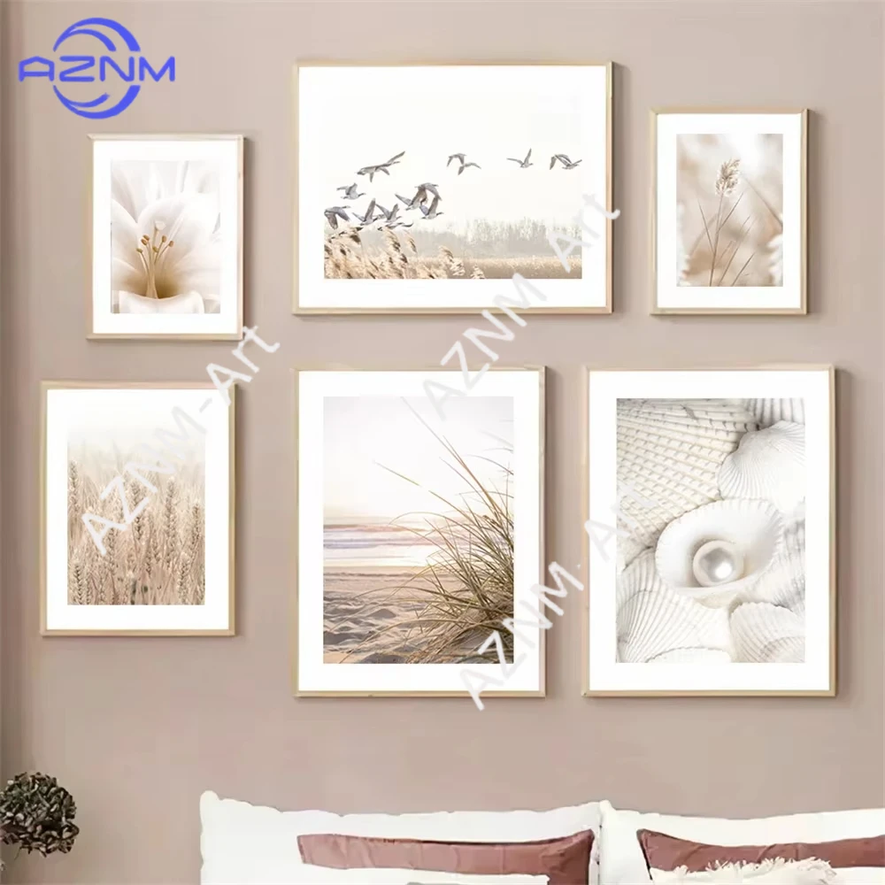 1 Stück Beige Blumen- und Schilfrohr-Poster Leinwanddruck Natur Landschaft Kunstdrucke Muschel-Strand-Bild Nordische Wandposter Raumdekoration