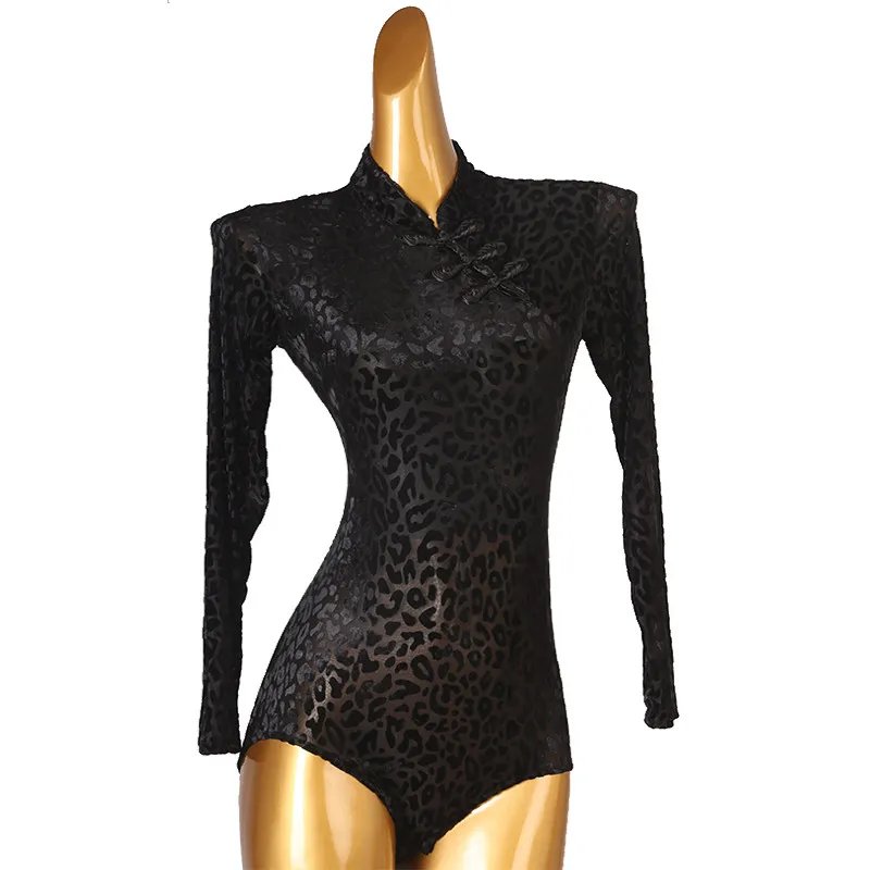 Chinese stand collar long sleeve ballet leotard with full leopard print and frog button decor for dance practice and stage perfo