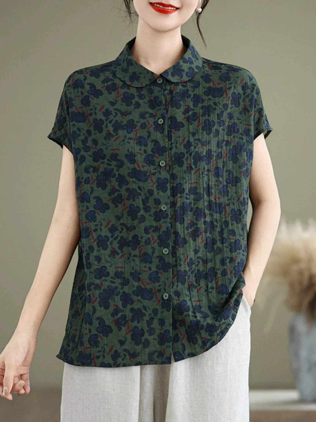 

Retro Floral Print Loose ort Sve Women's irt Korean Sle Slimming Top Versatile Casual Faion Summer Clothing