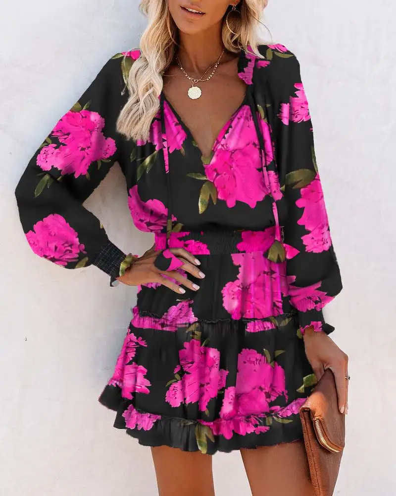 

Women's Dresses 2023 Spring Fashion Floral Print Long Sleeve V Neck Casual Lantern Sleeve Ruffle Mini Waist Dress