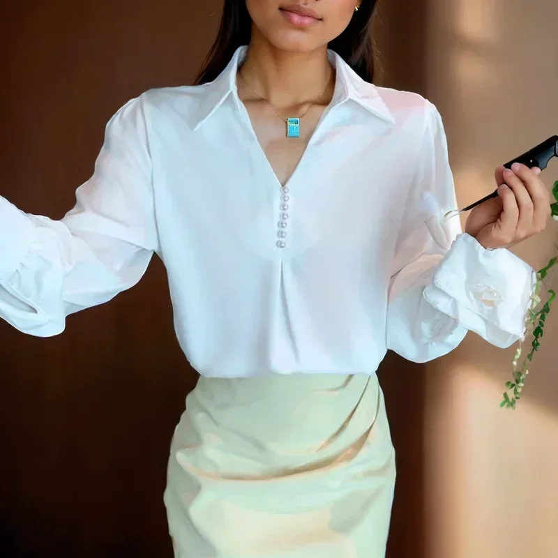 

Autumn V-Neck Blouse Turn Down Collar White Shirt Button Clothing Office Lady Beading Satin Blouse Women Tops Blusas 29873