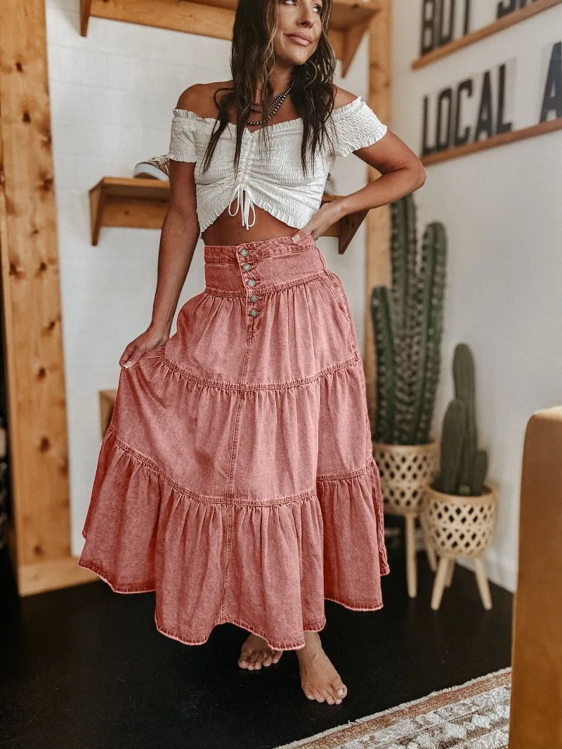 2025 ผู้หญิงสินค้าใหม่ A-Line Layered เค้กกระโปรงคาวบอย Simia Layered เค้ก DENIM กระโปรง