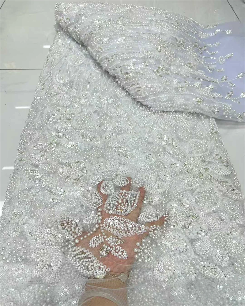 

Luxury African Heavy Beads Lace Fabric High Quality 5 Yards Nigerian Sequins French Tulle Fabric Material For Wedding Party