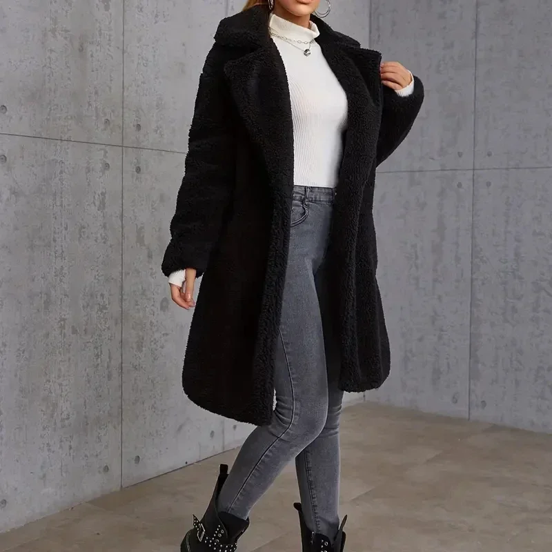 Elegant Lapel Plush Jacket for Women Chic Versatile Warm Solid Color Coat Durable Jackets with Slant Pockets for Fall/Winter