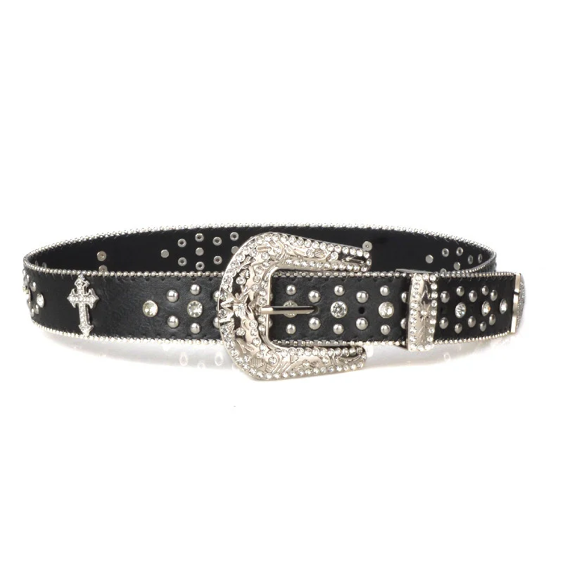 

Rhinestone-embellished Cross Belt Western-style Belt Retro Shiny Black Belt PU Material for Men Women Pair with Pants or A Dress