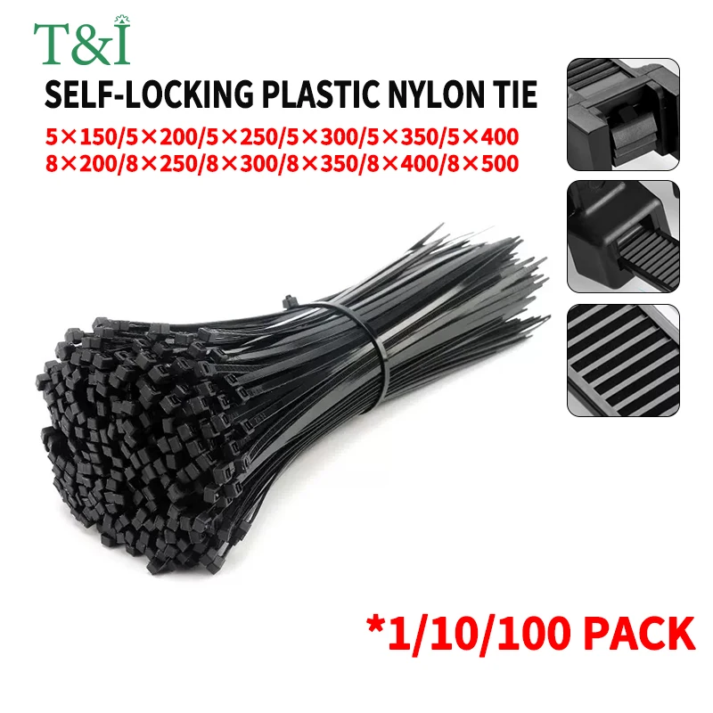 

5*150-8*500 Self-Locking Nylon Black Cable Band Large Strong Plastic Fixed Buckle Wire Bundle