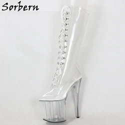 Sorbern 20Cm Perspex High Heel Pole Dance Boots Women Knee High Transparent Pvc Custom Leg