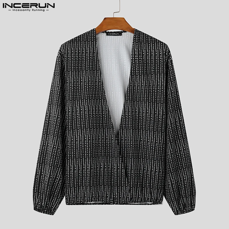 INCERUN Handsome New Men Tops 2024 Deep V-neck Polka Dot Design Cardigan Shirts Casual Streetwear Male Long Sleeved Blouse S-5XL