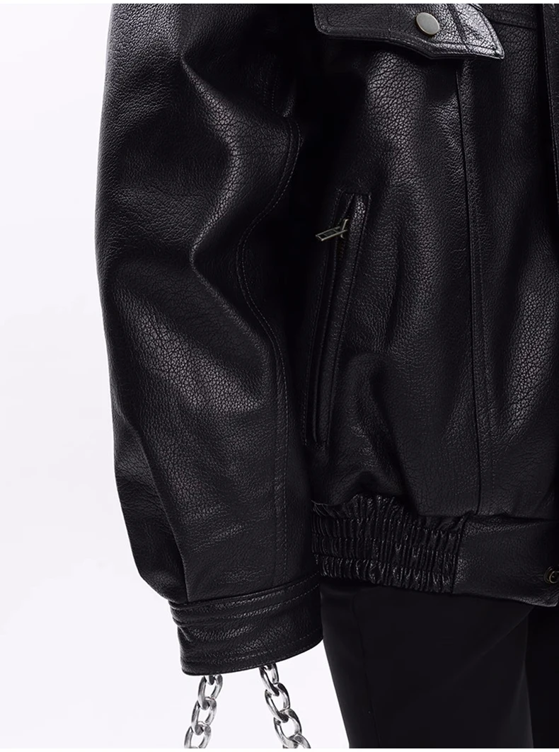 Nerazzurri Spring Autumn Oversized Cool Windproof Thick Black Pu Leather Jacket Women Zip Up Luxury Designer Unisex Clothes 2023