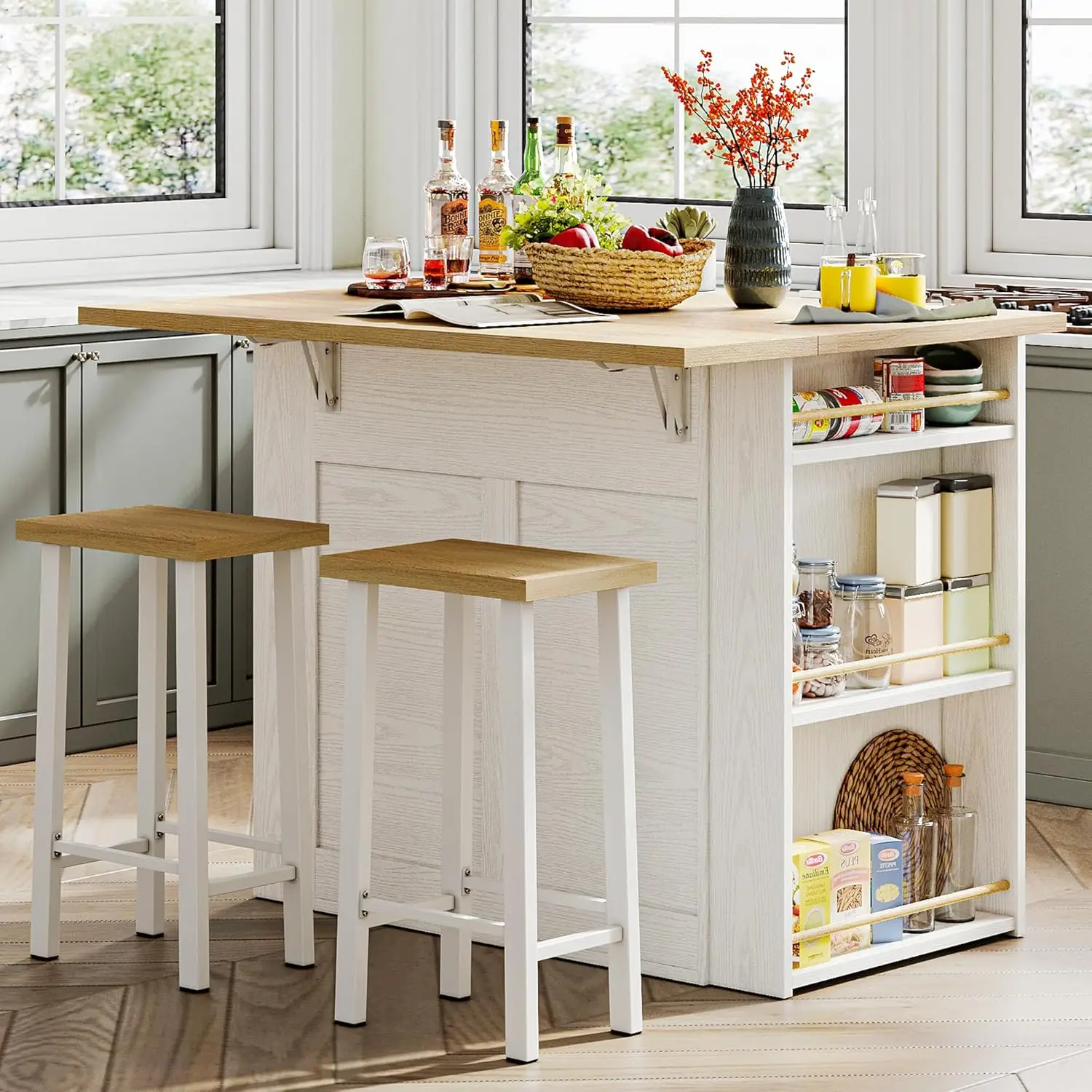 Kitchen Island with Stools, Large Countertop with Drop-Leaf, 2-Door Cabinet and 5 Open Side Racks/2 Utility Drawers