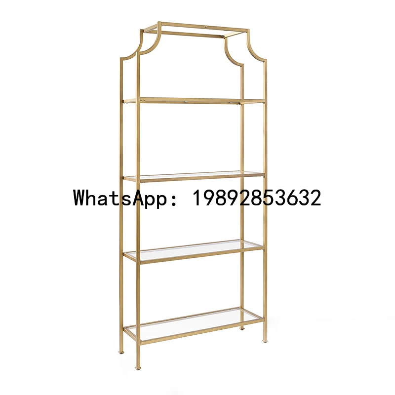 XL Metal Stainless Steel Storage Rack Brushed Brass Texture Transparent Glass Partition Bookshelf for Study Room