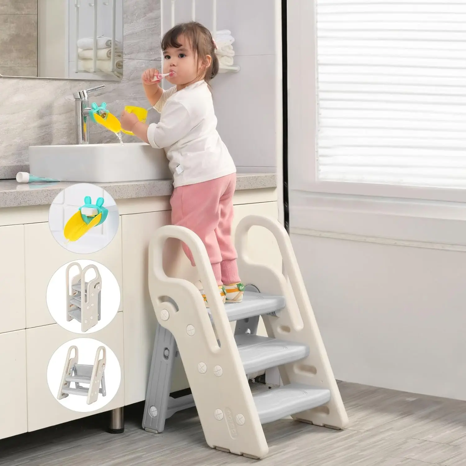 

Adjustable 3-Step Kids Folding Stool with Handles, Bathroom Sink & Toilet Potty Training Helper, Grey Plastic Ladder