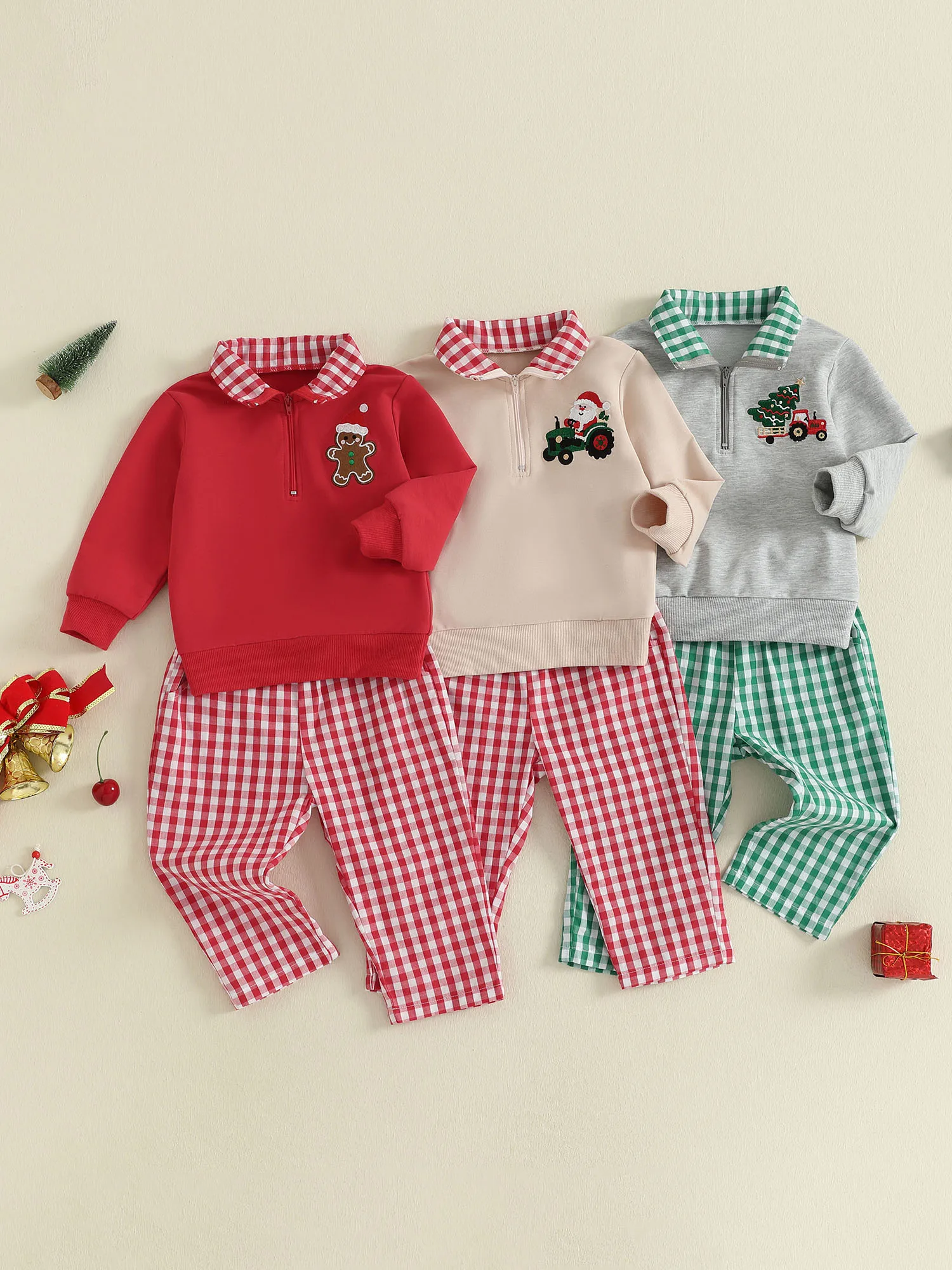 FOCUSNORM 0-4Y Casual Baby Jungen Weihnachten Kleidung Sets Weihnachten Baum Stickerei Langarm Revers Zip Pullover Tops + Plaid Hosen – Detail 8