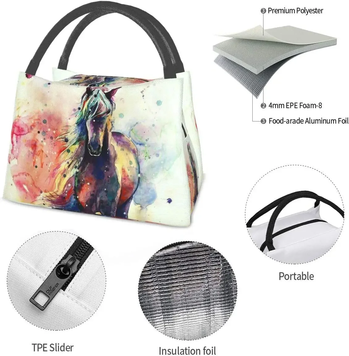 Watercolor Horse Lunch Bag Tote Bag Lunch Bag for Men Women Lunch Box Reusable Insulated Lunch Container Work Pinic or Travel