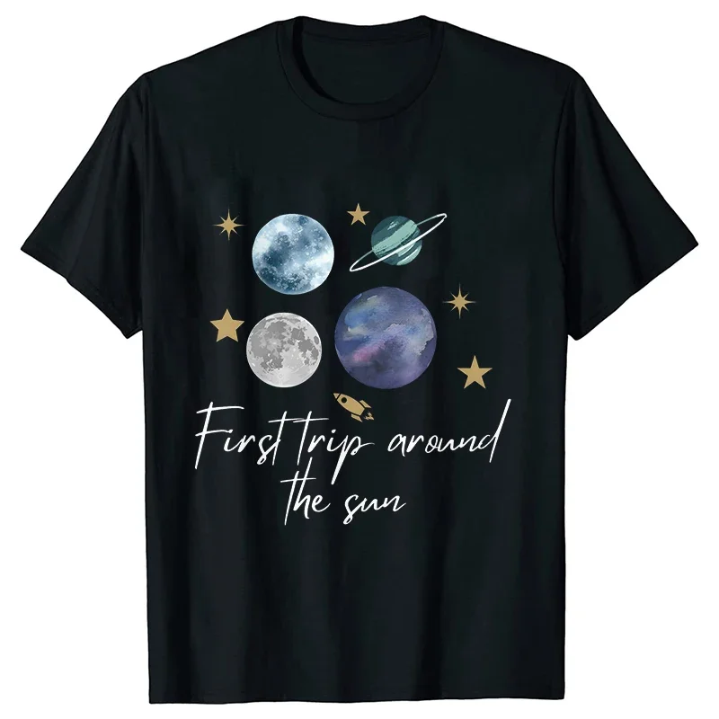 Fashion Birthday Family T-shirts Outer Space First Birthday First Trip Around The Sun Graphic Tee Galaxy Tshirt Short Sleeve Top