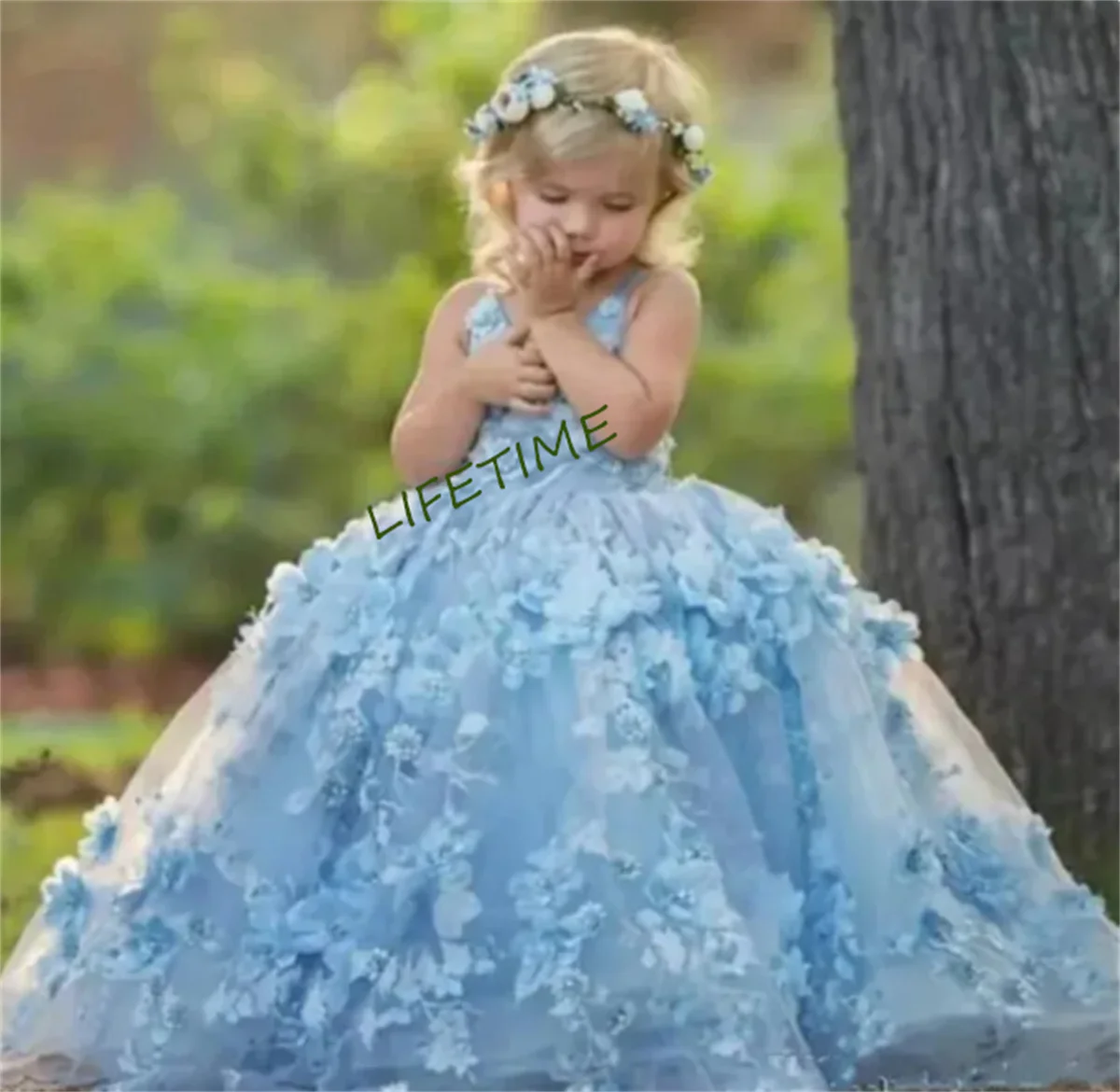 

Luxury Sky Blue Flower Girl Dresses Ball Gown 3D Flowers Beautiful Girls Pageant Dress First Birthday Party Dress for Girls