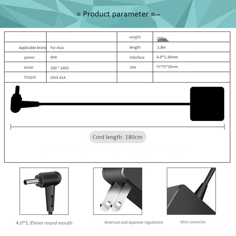4X 65W 19V/3.42A Power Adapter 4.0X1.35Mm 1.8M Laptop Charger For ASUS X540S,X5405A,X540UA,X540LA,X553,X553MA(US Plug)