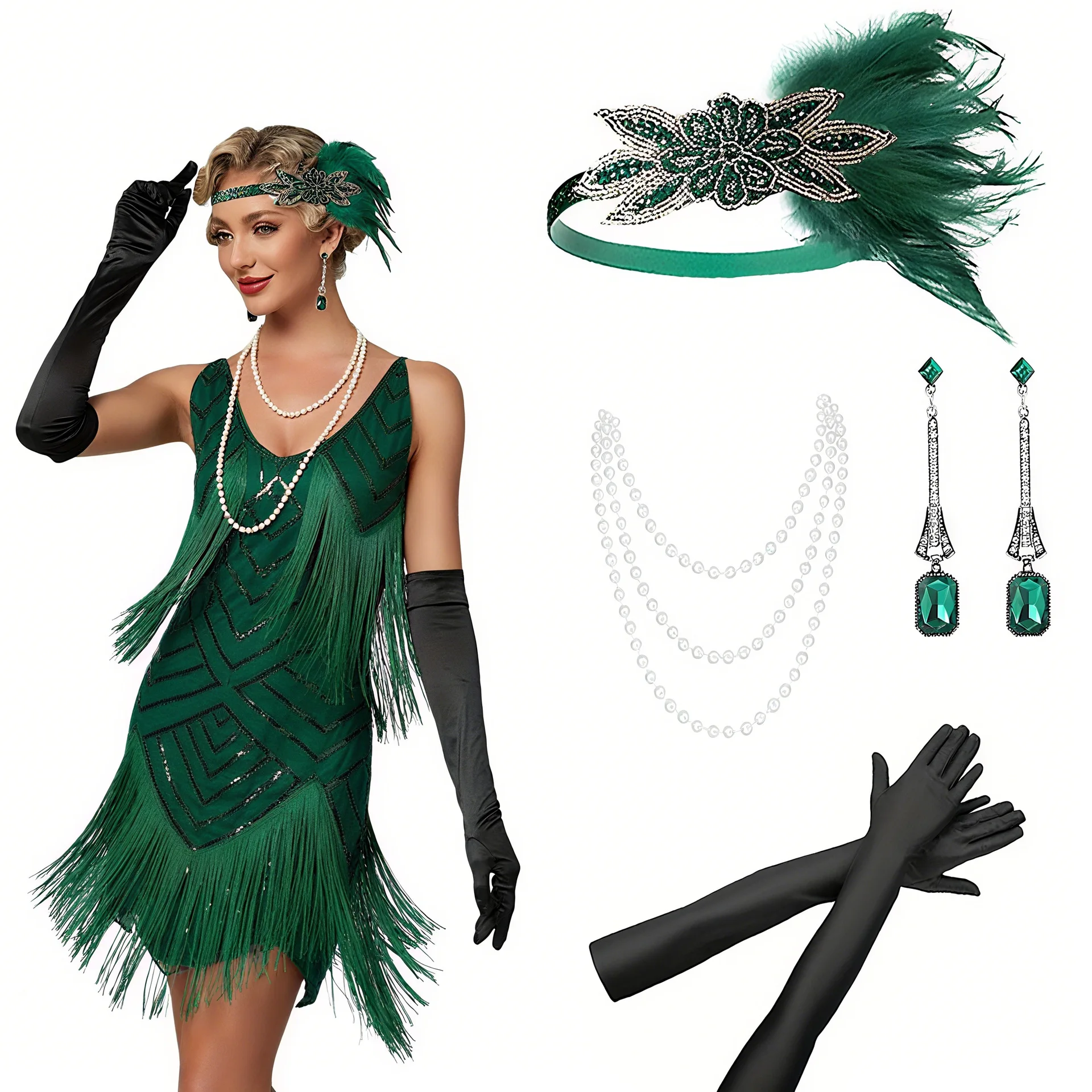 1920er Roaring 20s Flapper-Kleid mit Zubehör-Set Grün Great Gatsby Fransen-Pailletten-Cosplay-Outfit Halloween-Kostüm für Frauen