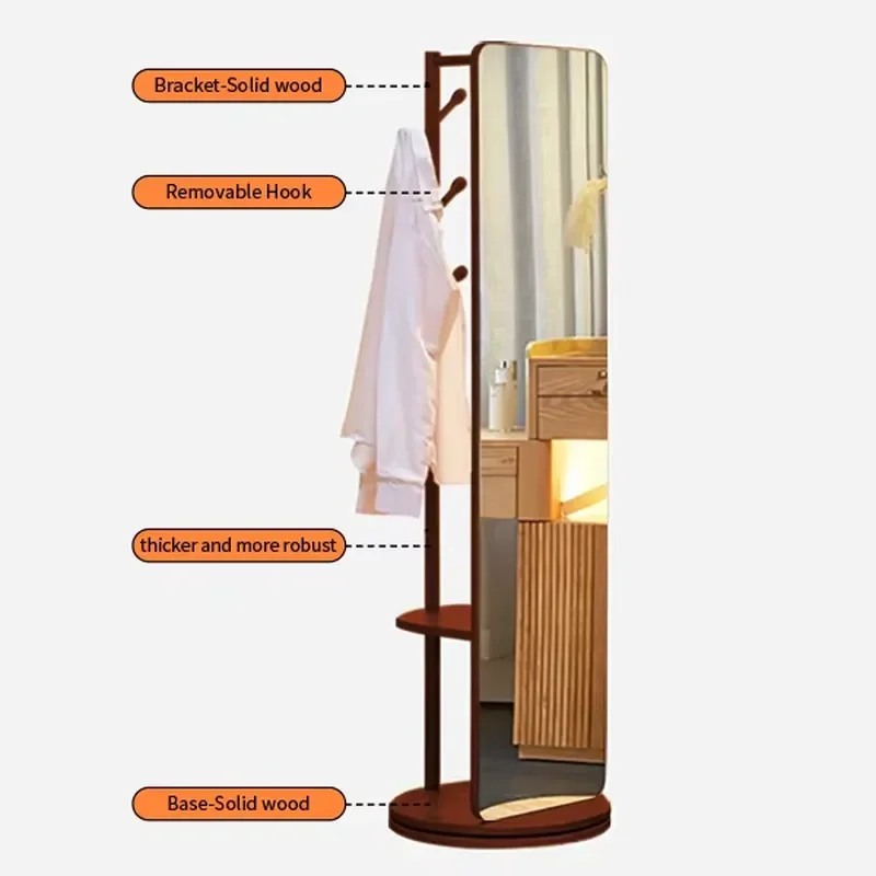 High-End Full-Length Dressing Mirror Cloak Rack Rotatable SolidWood Minimalist Clothes Hanger for Bedroom Outdoor Home Office