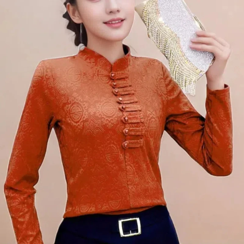 Spring Autumn Women's 2024 Stand Collar New Splicing Button Embossed Fashion Solid Color Slim Minimalist Casual Long Sleeve Top