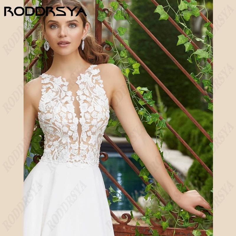 RODDRSYA Elegant Halter Wedding Dress For Women Simple Chiffon A-line Sleeveless Bridal Gown Illusion Button Back Bride Party