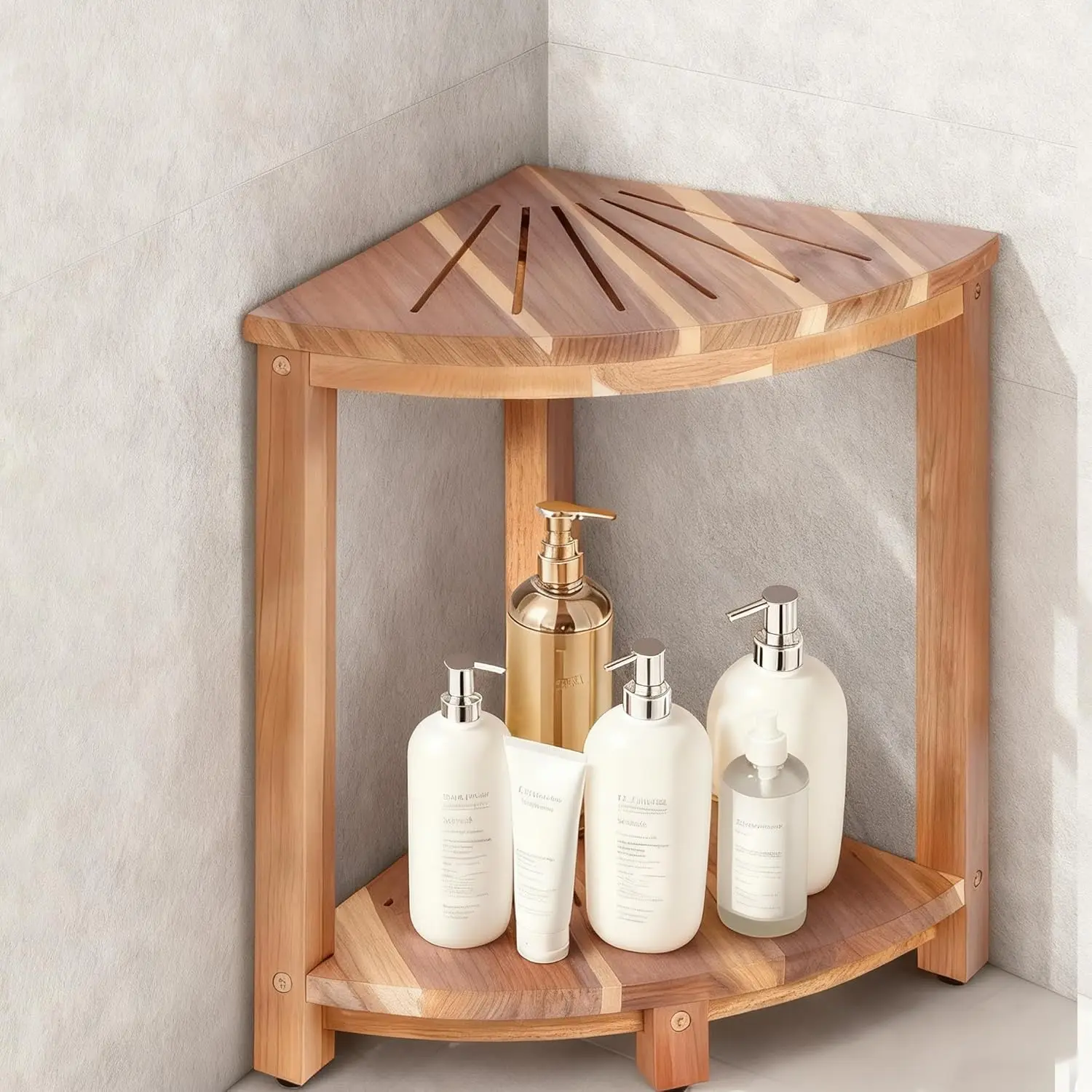 

Shower Foot Rest Wood Shower Stool for Shaving Legs Waterproof Corner Shower Stool with Storage Shelf for Inside Shower Spaces