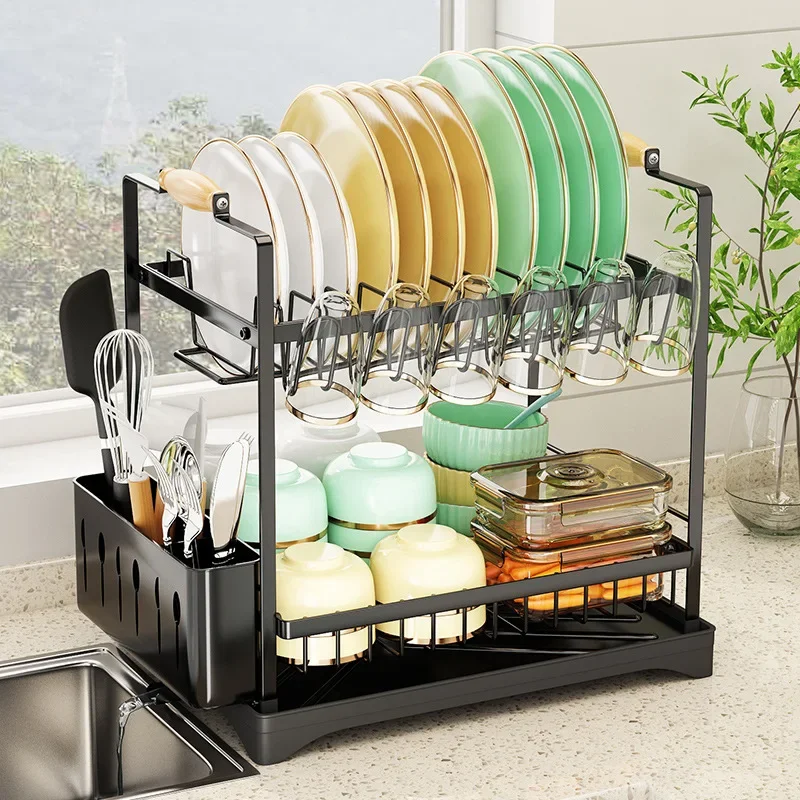 Kitchen Double-Layer Bowl Rack Household Countertop Dish Plate Cup Chopsticks Tableware Drain Storage Rack Knife Holder