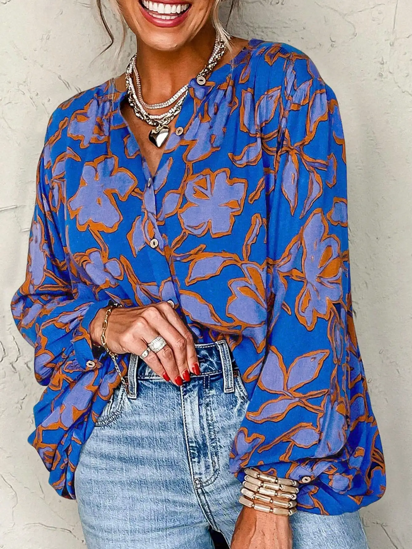 

Floral Print Batwing Sleeve Button Up Loose Blouse Blue Casual Vacation Spring