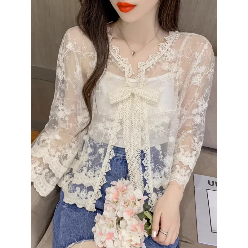 

Lace Sunscreen Clothes Women's Cardigan Summer Korean Fashion Thin Beading Shawl Smock Short Coat Female Long Sleeve Tops X990