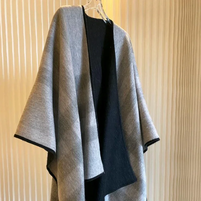 Thick and Warm Autumn and Winter All-match Female British Plaid Cashmere Wool Cape Double-sided Oversized Shawl Scarf