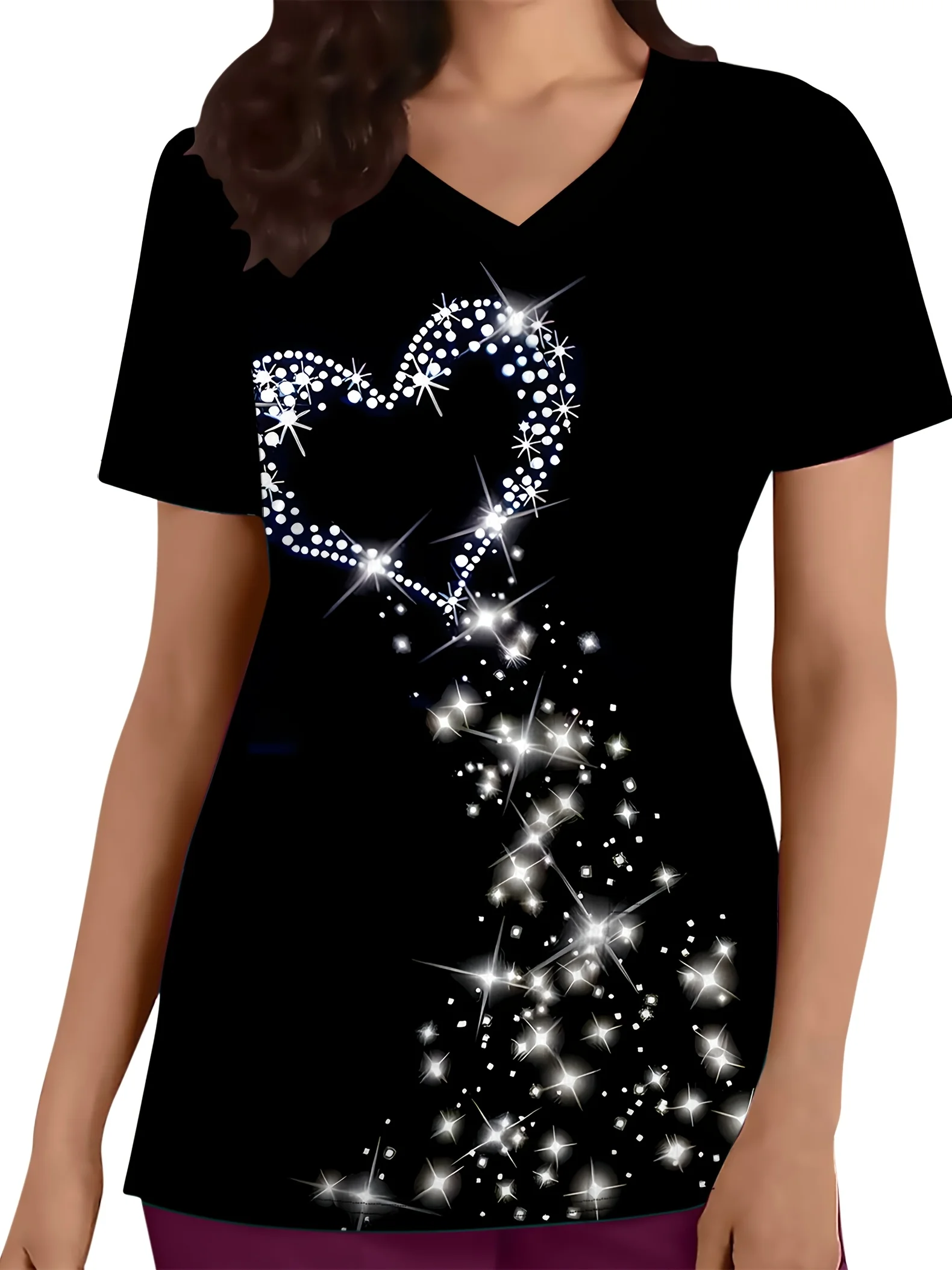 

Women's V-Neck Nursing Top with Pockets, Polyester Knitted Fabric, Short Sleeves, Regular Version, Fashion Style, Heart Print