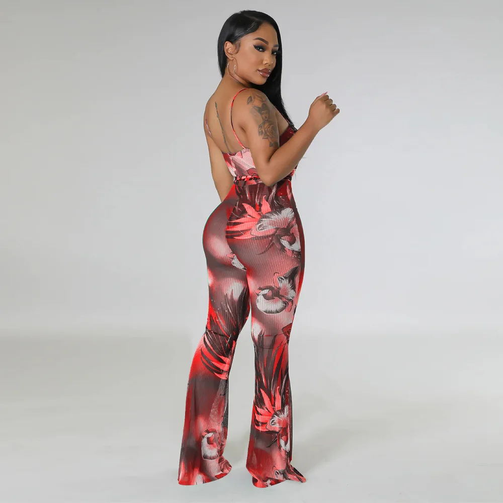 Women Printed Spaghetti Strap Backless Sleeveless Jumpsuit Sexy Summer Bell-bottoms Pants Jumpsuit Summer Beach Wear