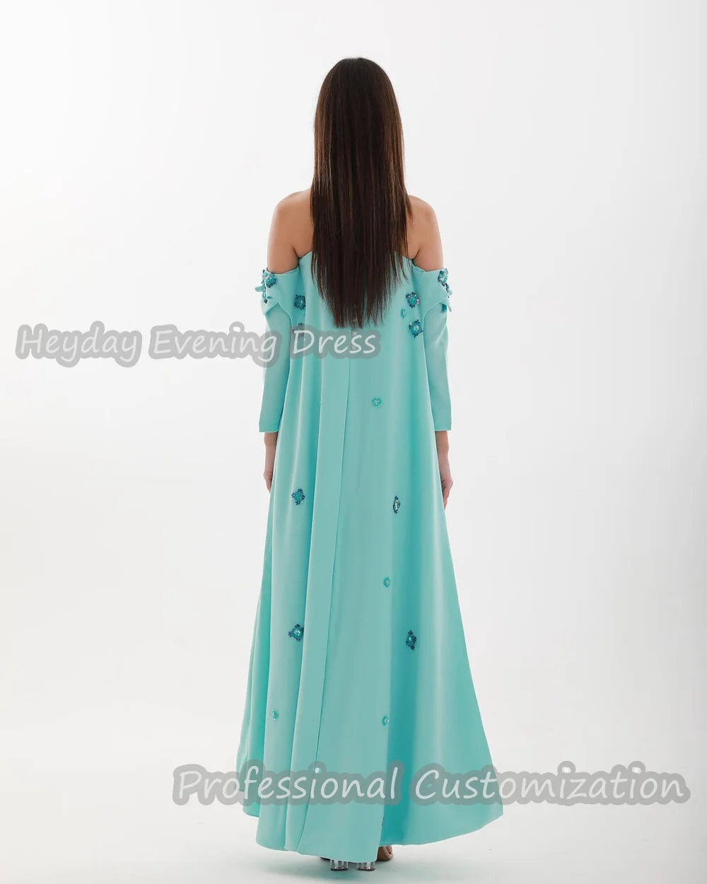 Heyday Off-the-shoulder Saudi Beaded Long Sleeves Straight Prom Gown Crepe Ankle Length Sexy Elegant luxury Dress For Women 2024