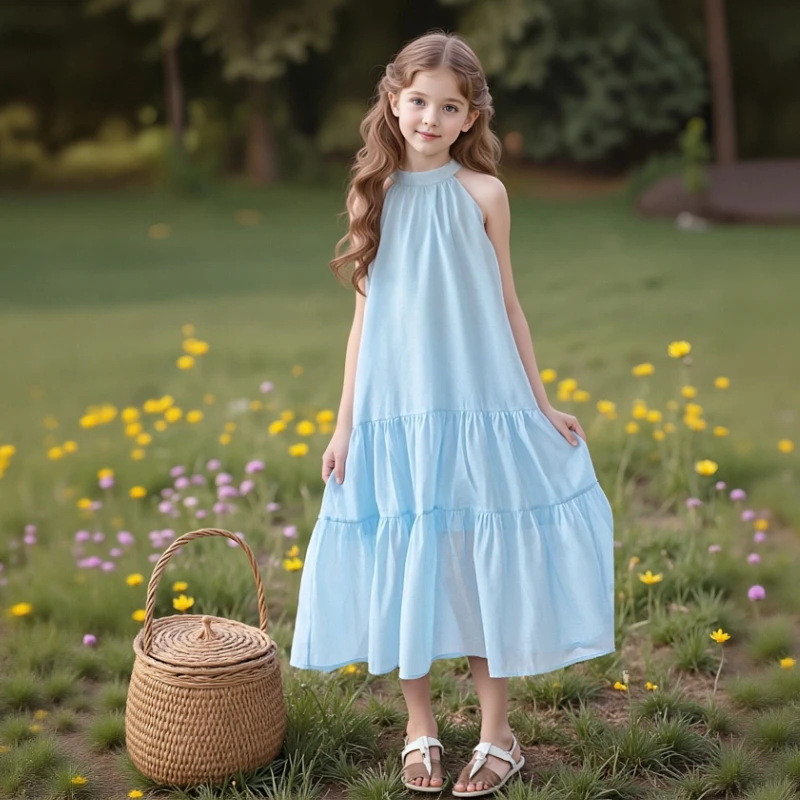 

Детское летнее платье для девочек: светло-голубое, с оборками, на бретельках, многоярусное, для пляжа, праздников и дней рождения