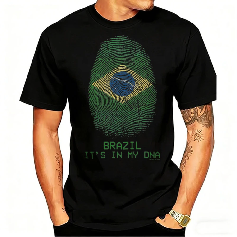 Mens Football Top 2026 Brazil It's in My DNA Shirt Brazilian Flag Fingerprint Graphic Tee Patriotic National Casual Cotton Tops