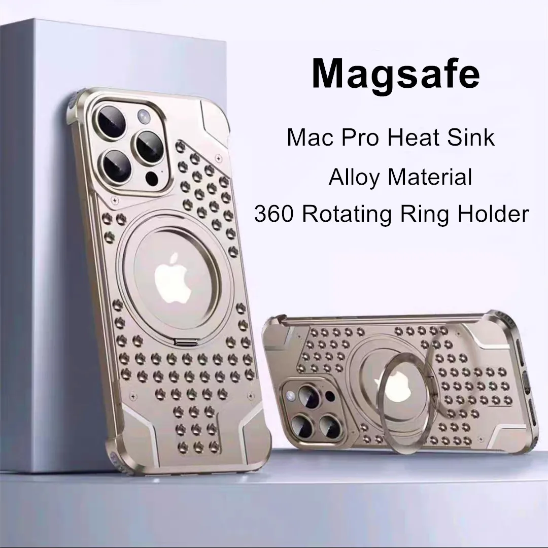 

Metal Mac Pro Design 360 Ring Holder Case For iPhone 16 Pro Max 15 14 Alloy Bracket Heat Dissipation Sink Hollow Frameless Cover