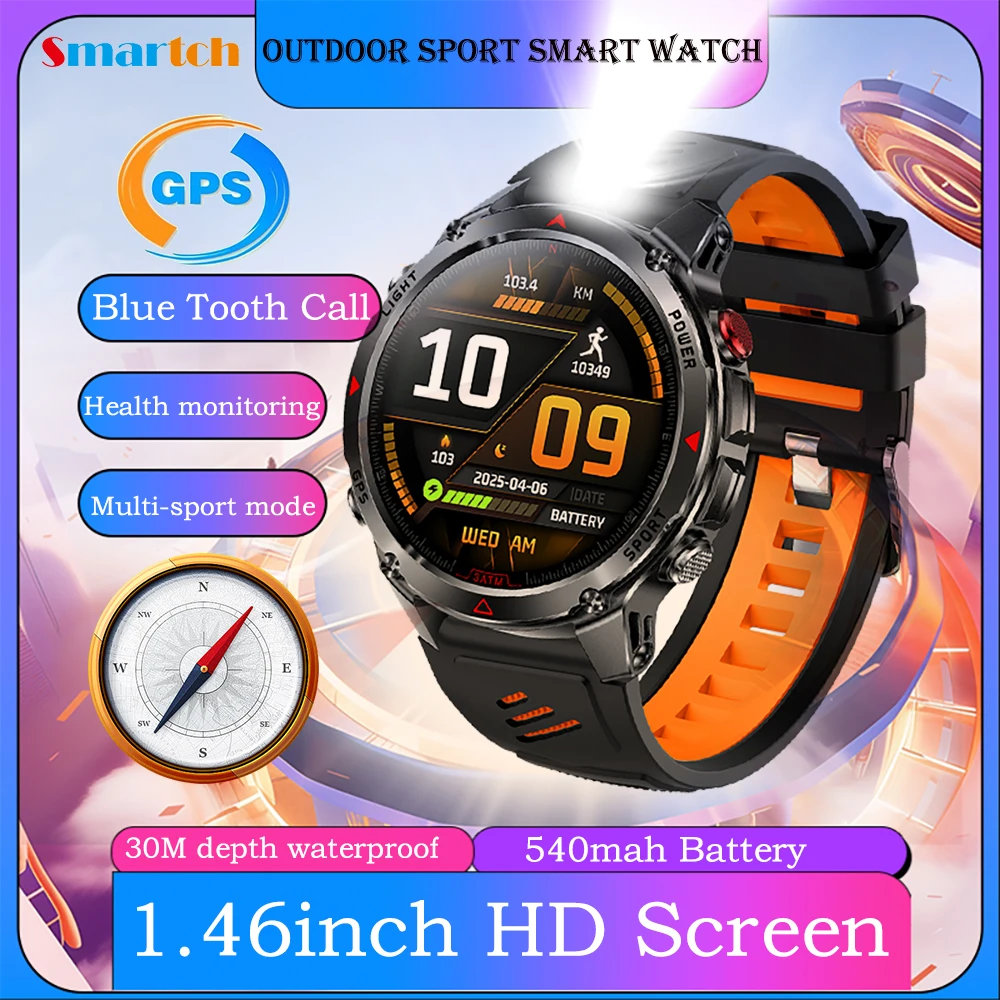 

Голосовой помощник на открытом воздухе GPS Спортивные умные часы Водонепроницаемый компас Фонарик Высота Давление Синий зуб Вызов Здоровье Смарт-часы